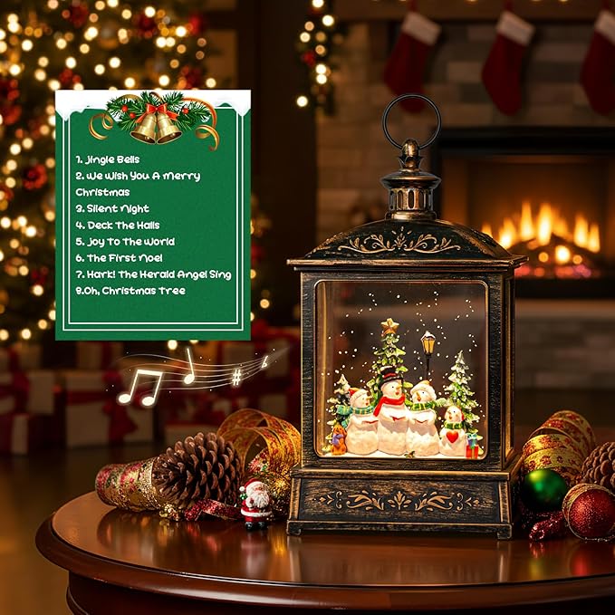 Christmas Snow Globe Swirling Glittering Snowman Choir with Music & Timer, USB Lined/Battery Operated Lighted Water Lantern for Christmas Festival Decoration Gifts