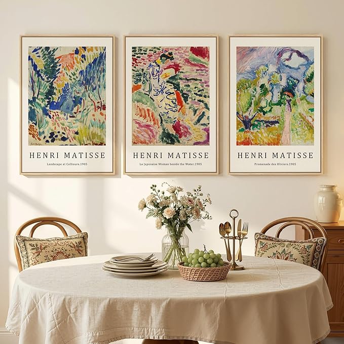 Large Framed Matisse Wall Art for Living room, Set of 3 Colorful Abstract Landscape Canvas Artwork for Walls, Retro Vintage Matisse Famous Paintings Prints Pictures for Bedroom, Hallway Home Office, Total Size 30x60