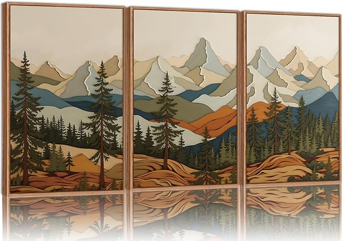SIGNINART Vintage Mountains Framed Canvas Wall Art, Wooden Forest Wall Decor, Green Wood Pine Trees Wilderness Artwork, Natural Ridge Landscape Art Paintings for Living Room Bedroom Office 24"x36"x3
