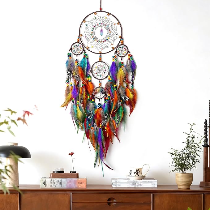 Large Dream Catchers, Handmade Woven Colorful Dream Catcher Wall Hanging, with Tree of Life Natural Healing Crystal Stone for Bedroom Wedding Party Decor, Festival Blessing Gift (Colorful)