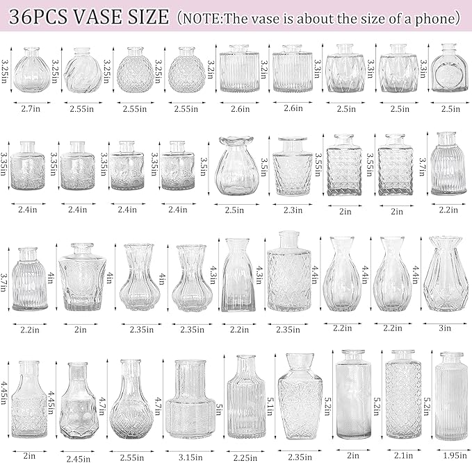 36Pcs Bud Vases Set Small Vintage Glass Bottles Clear Bud Vases in Bulk Multiple Shape Cute Glass Vases for Rustic Wedding Centerpieces Table Decorations and Home Decor(Clear)