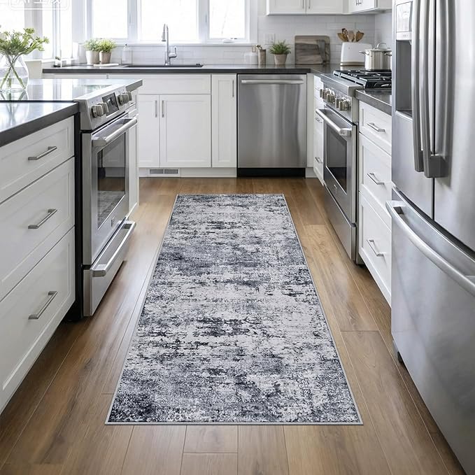 Washable Area Rug 3x8 Entryway Rug: Washable Modern Abstract Soft Thin Rug Indoor Floor No Slip Stain Resistant Carpet for Bedroom Dining Room Farmhouse Nursery Home Office - Grey