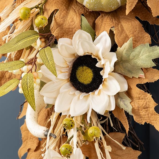 Glitzhome 2 Pcs Fall Teardrop Swags for Front Door, 28''H Autumn Swag with Neutral Sunflower, Pumpkin and Leaf, Fall Swags for Front Door, Thanksgiving Harvest Festivals Decor