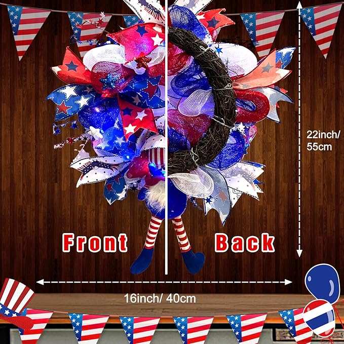 Lighted Up 4th of July Wreaths with Bow, Red White and Blue Mesh Artificial Wreath, American Flag Patriotic Gnome Wreath Decor for Independence Day Front Door Farmhouse Home Wall