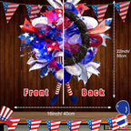 Lighted Up 4th of July Wreaths with Bow, Red White and Blue Mesh Artificial Wreath, American Flag Patriotic Gnome Wreath Decor for Independence Day Front Door Farmhouse Home Wall
