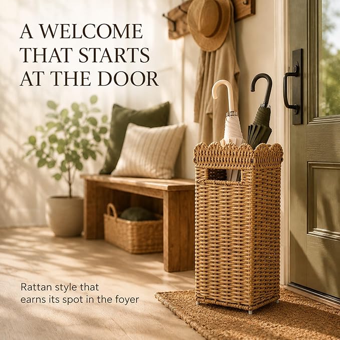AceList Woven Umbrella Holder for Entryway, Rattan Umbrella Stand for Indoor Foyer with Removable Drip Tray, Scalloped Cane Holder Basket for Walking Sticks & Front Door, Farmhouse Decor, 16.5" Tall
