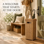 AceList Woven Umbrella Holder for Entryway, Rattan Umbrella Stand for Indoor Foyer with Removable Drip Tray, Scalloped Cane Holder Basket for Walking Sticks & Front Door, Farmhouse Decor, 16.5" Tall