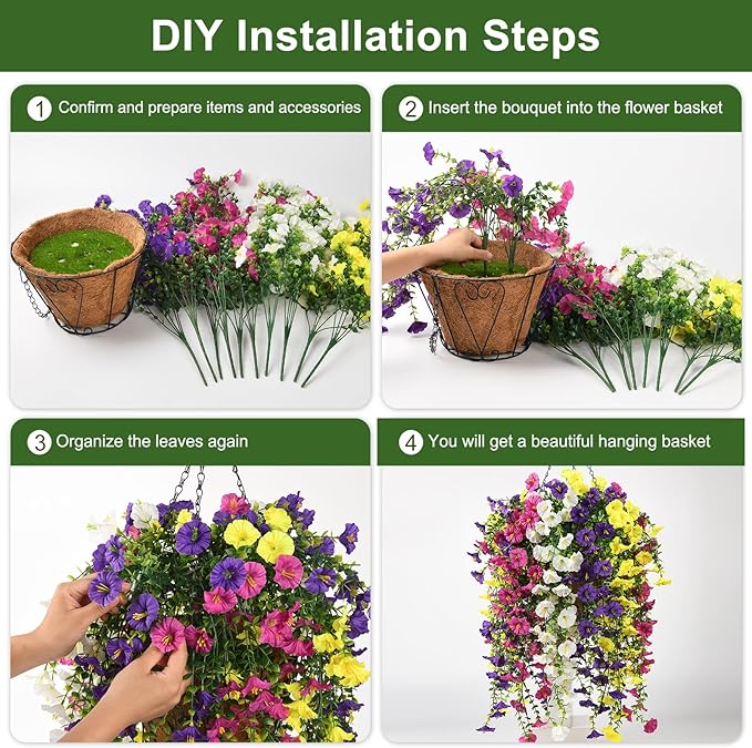 Homsunny Artificial Fake Hanging Flowers Plants Baskets for Outdoor Spring Decoration, Faux Morning Glory Silk Flower for Outside Realise UV Resistant Patio Yard Balcony Porch Home Decor (Mixed 2)
