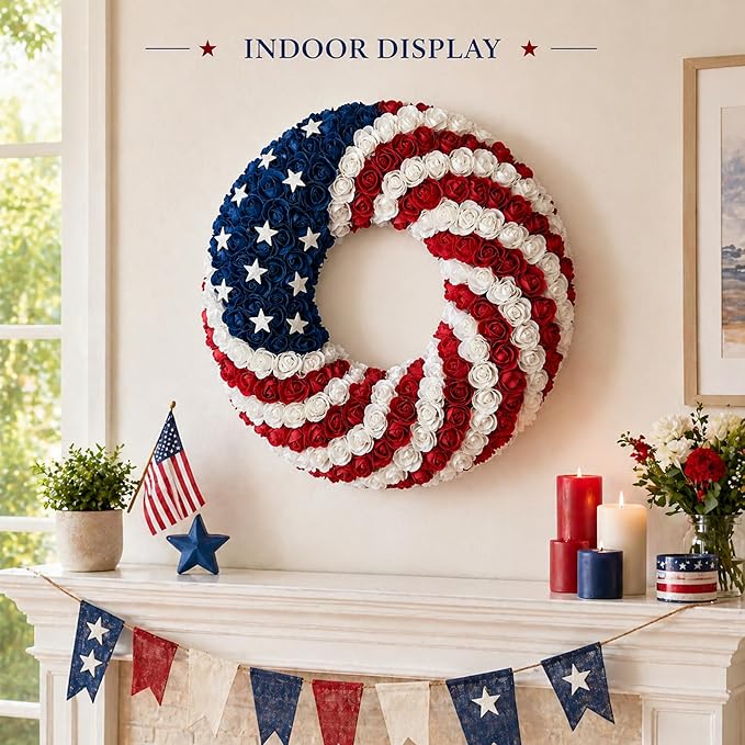 1 Pcs 18 Inch Patriotic Wreath for Front Door 4th of July Wreath Red White Blue Rose Front Door Decor Independence Memorial Artificial Rose Wreaths for 250th Anniversary Porch Wall Indoor Outdoor