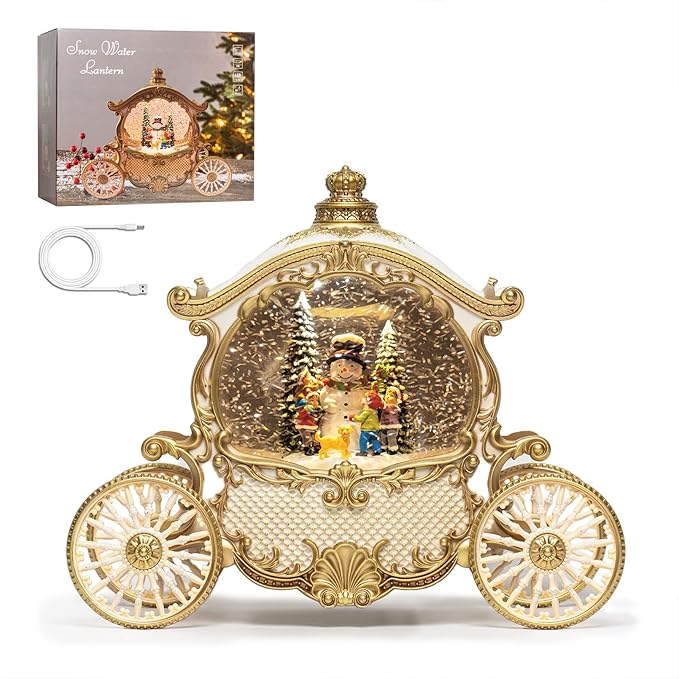 Christmas White Carriage Snow Globe Lantern with Gift Box - Snowman Scene Water Lantern with Glitter Snow - Musical Holiday Decor with LED Light - Battery Or USB Powered Operated (White with gold)