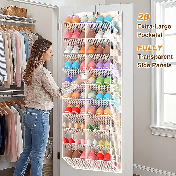 20-30 Pairs Over the Door Shoe Organizer, Breathable Mesh Pocket Hanging Shoe Storage for Closet, 10-Tier Door Shoes Rack, Handing Shoes Holder Fit All the Family's Sneakers, Boots, Heels, Beige
