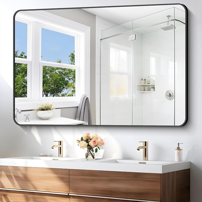 BONEWEI 55x36 inch Bathroom Mirror,Black Rectangle Mirror,Wall Mounted Bathroom Frame Vanity Mirror with Round Corner for Bedroom Living Room, Entryway Hangs Horizontal or Vertical