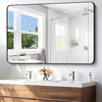 BONEWEI 55x36 inch Bathroom Mirror,Black Rectangle Mirror,Wall Mounted Bathroom Frame Vanity Mirror with Round Corner for Bedroom Living Room, Entryway Hangs Horizontal or Vertical