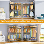 E15 Garment Rack L Shaped Clothes Rack for Corner，Freestanding Clothing Racks for Hanging Clothes，Heavy Duty Closet Organizer with 4 Hanging Rods & 8 S Hooks，43.4" W x 15.8" D x 78.4" H，Gold