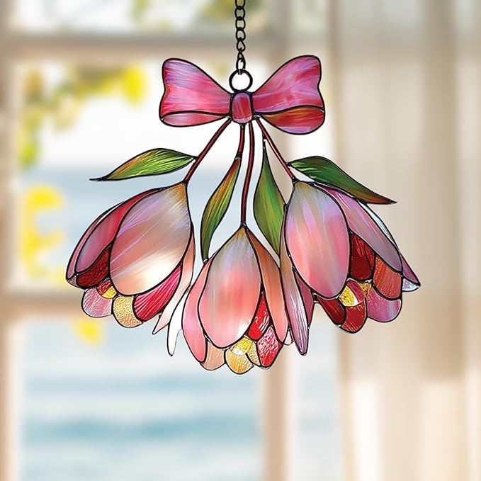 Pink Bell Flower Acrylic Suncatcher, Flower Suncatchers for Window Hangings, Stained Glass Effect Garden Decor, Gift for Mother's Day, Mom, Grandma, Wife, Women