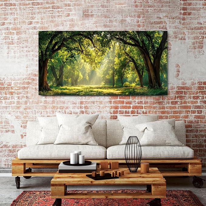 Green Forest Wall Art Panoramic Woodland Landscape Canvas Pictures Nature Wall Decor Sunrise Sunlight Trees Scenery Poster Living Room Bedroom Office Hallway Cabin Lodge Home Decoration 29.53x 57.87"