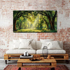 Green Forest Wall Art Panoramic Woodland Landscape Canvas Pictures Nature Wall Decor Sunrise Sunlight Trees Scenery Poster Living Room Bedroom Office Hallway Cabin Lodge Home Decoration 29.53x 57.87"