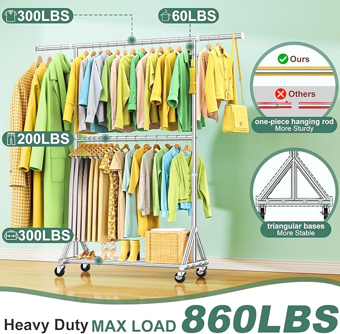 Heavy Duty Rolling Clothes Rack with Double Rods for Hanging Clothes, Adjustable & Extendable Metal Clothing Rack, Garment Rack With Wheels Shelf, Sturdy Freestanding Closet Rack, 100% Stainless Steel