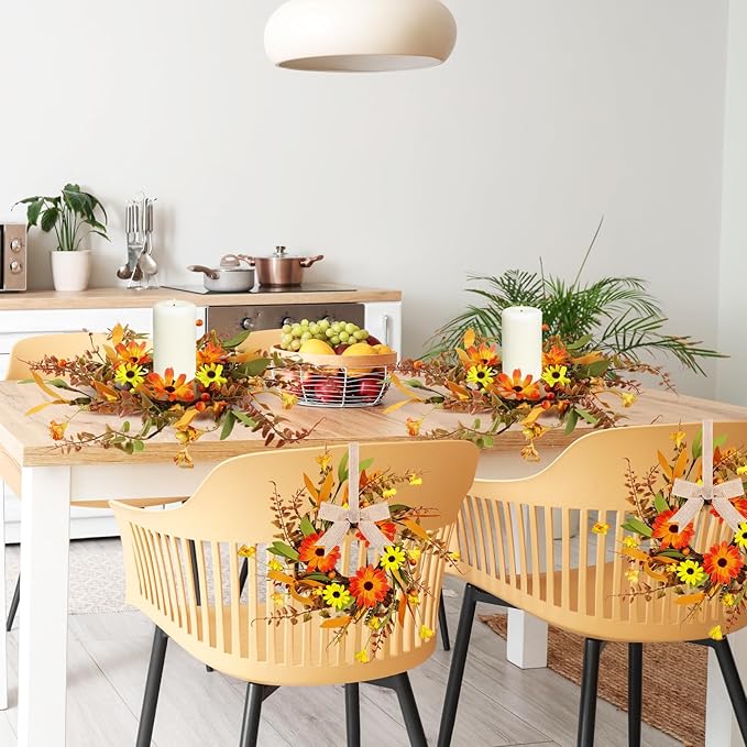 6 Pcs Mini Fall Autumn Swags Wreaths Thanksgiving Artificial Daisy Candle Rings Wreaths Autumn Cabinets Farmhouse Wreath with Ribbon for Pillar Front Door Porch Wall Window Decoration