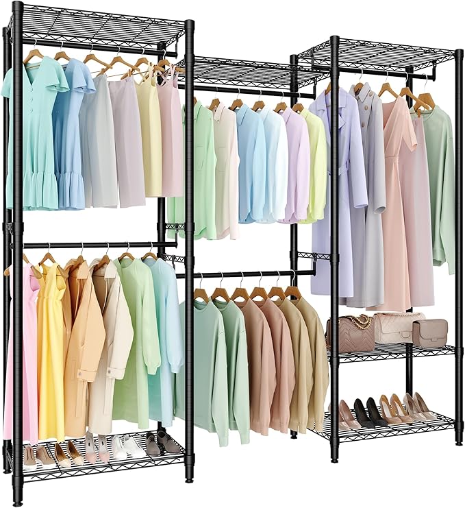 Heavy Duty Clothes Rack,Load 1433LBS Garment Rack Portable Closet,Free Standing Closet Organizers and storage with Adjustable Shelves, Hanging Rods, Dividable Black 76.5"H x 67.6"L x 15.5"W