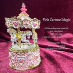 Carousel Music Box Figurine Pink Enamel, Rose Accents, Golden Details, Ideal Home Decor & Gift Giving