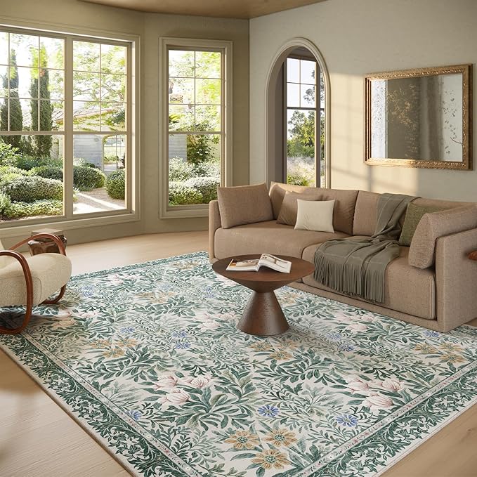 Botanical Floral Area Rug 8x10 Light Green Cream Vintage Garden Design, Perfect for Living Room, Bedroom, Kids Room, Nursery - Stain & Water Resistant Non-Slip, Pet & Child Friendly Area Rugs