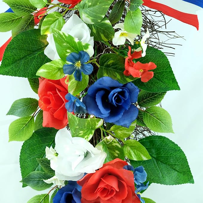 YULETIME 24" Pre-lit Decorative Teardrop Swag, Battery Operated Patriotic Theme Swag with Fairy Lights, Red, White & Blue Roses, Lilac Flowers, Green Leaves (Red White & Blue)