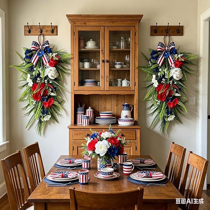 2 Pack 21'' Patriotic Teardrop Swag Wreaths Artificial 4th of July Red White Blue Floral Swag with Fern Leaves Peonies Roses for Independence Day Memorial Day Front Door Porch Cabinet Window Wall