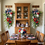 2 Pack 21'' Patriotic Teardrop Swag Wreaths Artificial 4th of July Red White Blue Floral Swag with Fern Leaves Peonies Roses for Independence Day Memorial Day Front Door Porch Cabinet Window Wall