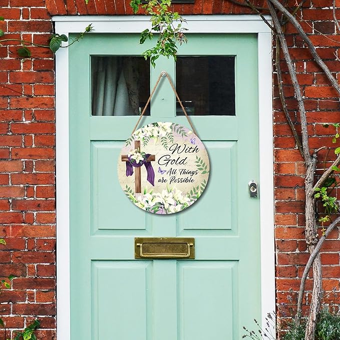 With Gold All Things are Possible Easter Front Door Sign Religious Cross Lily Flowers Wood Door Hanger Outdoor Outside Porch Decor Christian Lily Flowers Wooden Wreath Wall Hanging Decoration 12"x12"