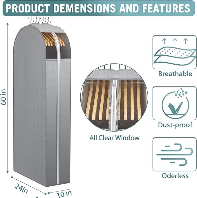 10" Gusseted Garment Bags for Hanging Clothes with clear window, 60" Suit Bags for Open Closet Storage, Clothing Cover for Coat, Dress, Jacket, Shirt, Fur Wardrobe Protector, 4 Packs