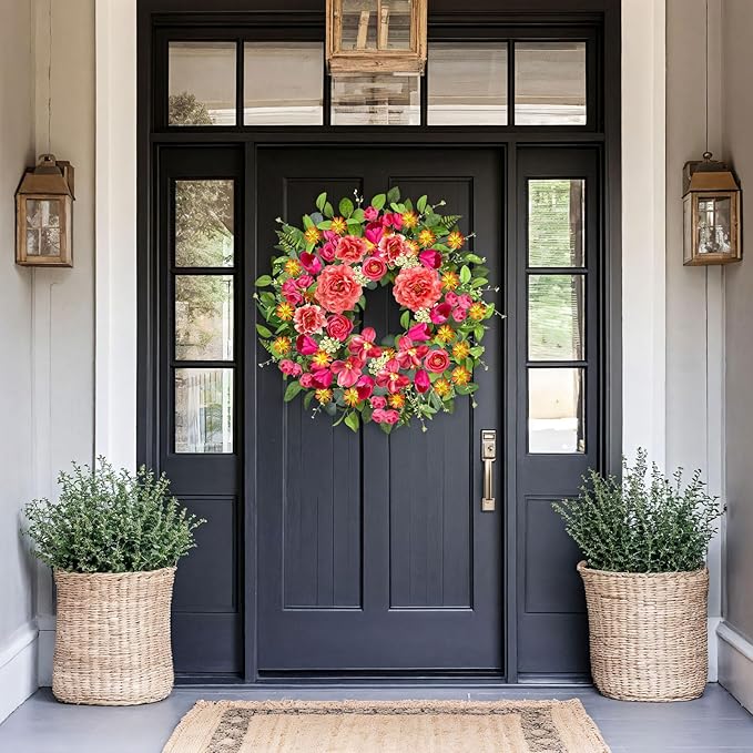 ICX 24 Inch Spring Wreaths for Front Door, Large Spring Summer Outdoor Door Wreath with Pink Peony Tulip Orchid, All Seasons Floral Wreath for Farmhouse Wall Porch Window Home Decor
