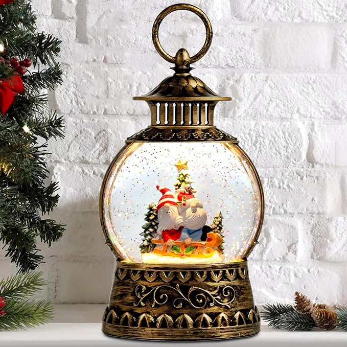 Gnome Christmas Snow Globe, Gnome Musical Snow Globe Lantern Lights with 6H Timer Battery & USB Powered, Retro Style Holiday Glitter Globe for Xmas Home Decoration Holiday Party Gifts