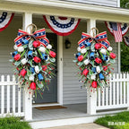 2 Pack 21'' Patriotic Swag Wreaths for Cabinets Artificial 4th of July Teardrop Wreath with Red White Blue Tulips Floral and Berries for Independence Day Memorial Day Front Door Porch Window Wall