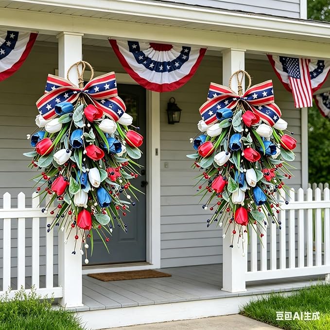 2 Pack 21'' Patriotic Swag Wreaths for Cabinets Artificial 4th of July Teardrop Wreath with Red White Blue Tulips Floral and Berries for Independence Day Memorial Day Front Door Porch Window Wall