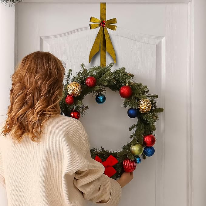 Bow Shape Metal Door Wreath Hanger, Christmas Wreath Hooks for Front Door, Decorative Wreath Hangers for Front Door - Over The Door No Drill Hold for Holiday Garland & Decor