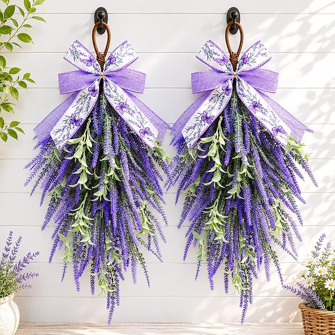 nuvagiki Lavender Teardrop Swag, 2 Pack 24 Inch Front Door Swag Wreaths, Spring Summer Rustic Farmhouse Door Decor, Purple Floral Hanging Swag for Porch