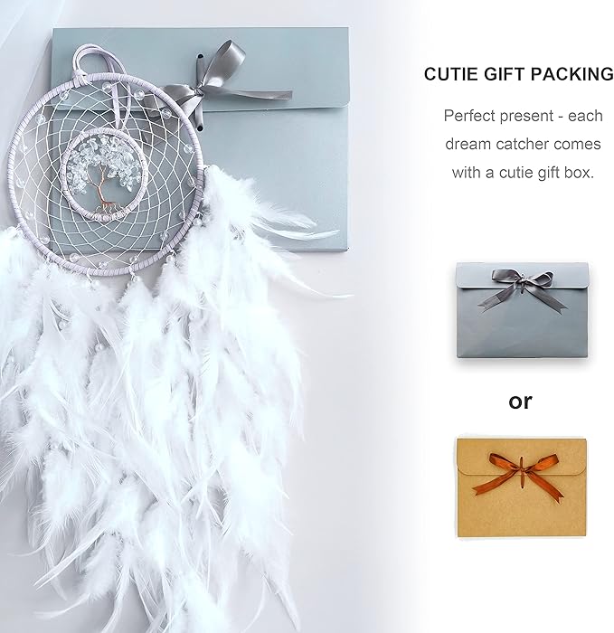 Dream Catchers, White Dream Catcher Tree of Life Wall Decor, with Natural Healing Crystal Stone, Perfect Rock Crystal Handmade Dreamlike Dream Catchers for Bedroom Decor Art Craft Gift