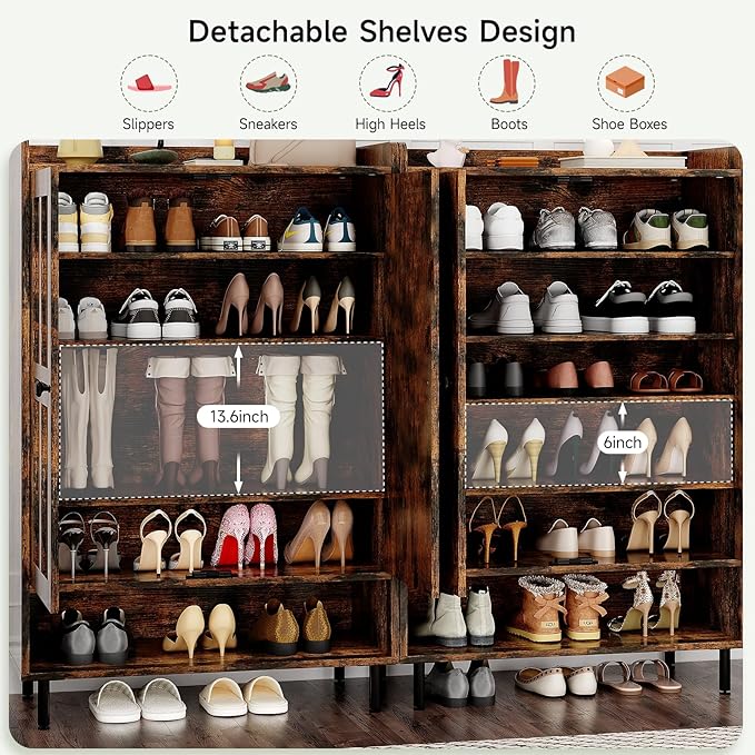ONBRILL Shoe Storage Cabinet with Cross Molding Doors, 6-Tier Shoe Cabinet with 3 Adjustable Shelves and Metal Legs, 45 Inch Tall Shoes Rack Organizer Cabinet for Entryway, Front Door, Rustic Brown