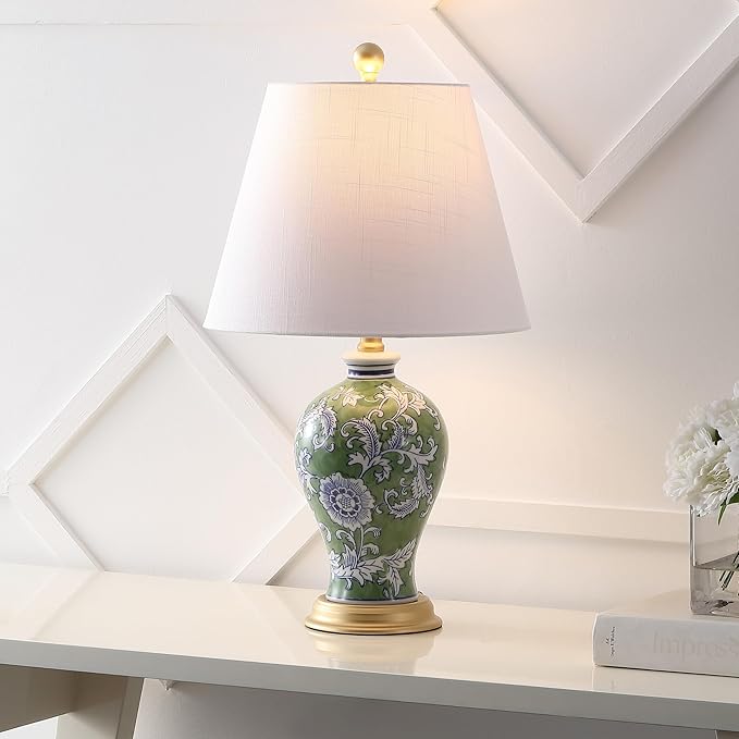 JONATHAN Y 24" Green/White French Country Ceramic Floral Urn Table Lamp, White Linen Shade, Chinoiserie Ginger Jar Bedside Lamp for Living Room Bedroom, LED Bulb (JYL3009F)