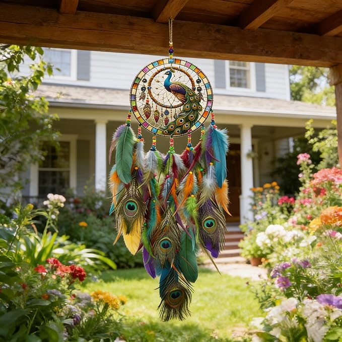 Dream Catcher Wall Hanging Decor for Bedroom Aesthetic, Handmade Traditional Wall Art with Feathers for Living Room, Nursery, Good Vibes Gift for Women,Girls,Home Decoration Wedding Party (Peacock)