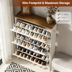 Nicetree Shaker Barn Door Shoe Storage Cabinet for Entryway, 3 Flip Drawers & 3-Tier Adjustable Shelves, Ultra Slim Freestanding, Modern Rustic Brushed White Farmhouse Shoe Rack for Hallway, Foyer