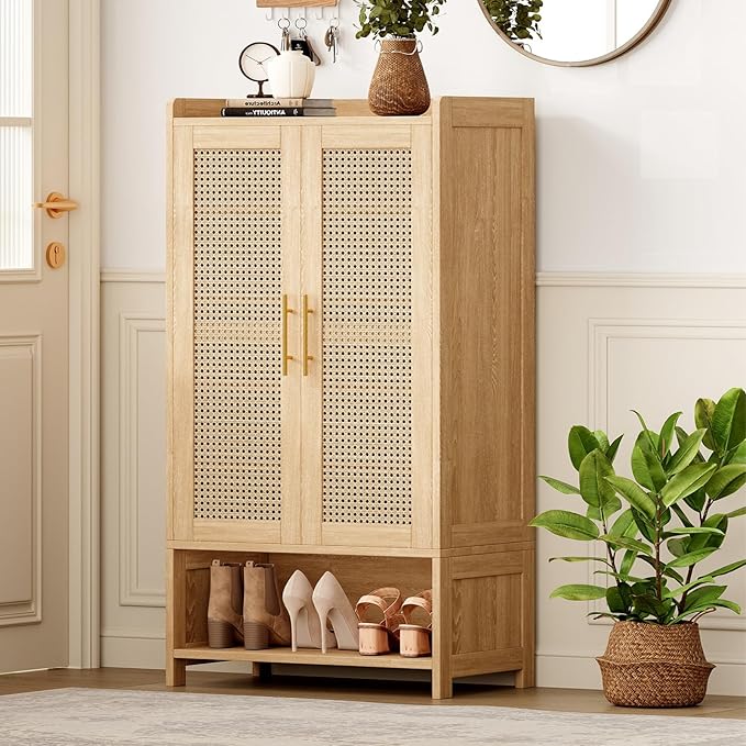 Narrow Shoe Cabinet with 2 Doors, 6-Tier Rattan Tall Shoe Storage Cabinet with 2 Adjustable Shelves & Wooden Legs, 46.3"H Slim Shoes Rack Organizer Cabinet for Entryway, Hallway, Natural Oak