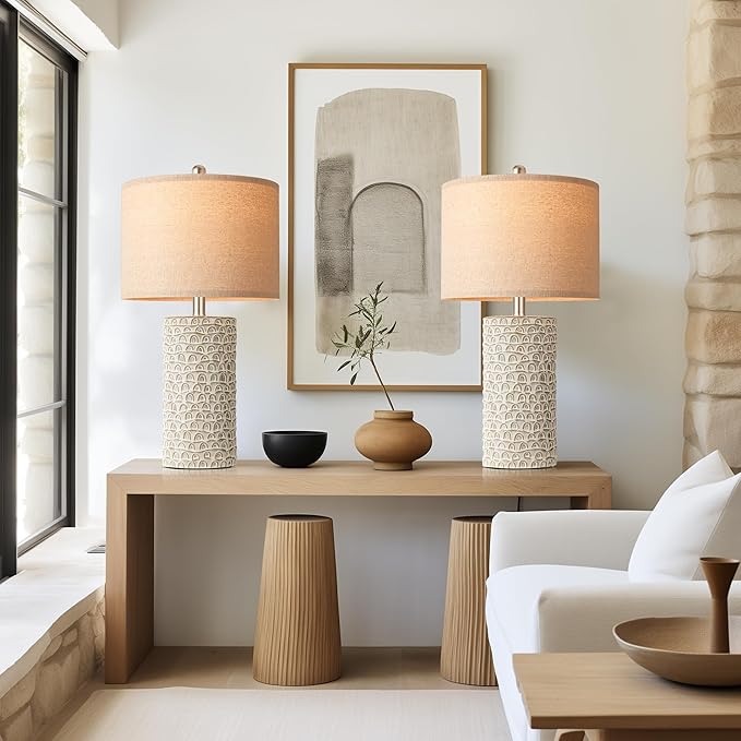PARTPHONER 23" Modern Ceramic Table Lamp Set of 2, Table Lamps for Living Room, Rustic Farmhouse Bedside Lamps Nightstand lamp for Bedroom, Desk Lamp for End Table Home Decor Grey Shabby Chic White