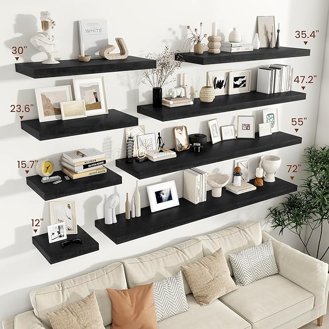 Vivelove 2" Thick Floating Shelves for Wall 12 Inches Long, 12" Deep Wall Shelves, for Bedroom, Bathroom, Living Room, Kitchen, Office, Modern Home Decor, 12" X 12" X 2", Set of 2, Black