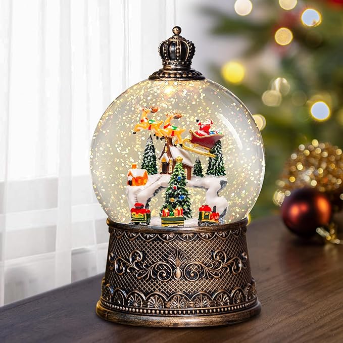 Christmas Snow Globes Lantern with Music, Winter Village Scene Snow Globes with Swirling Glitter Effects, USB/Battery Powered with 6-Hour Timer, Christmas Decorations