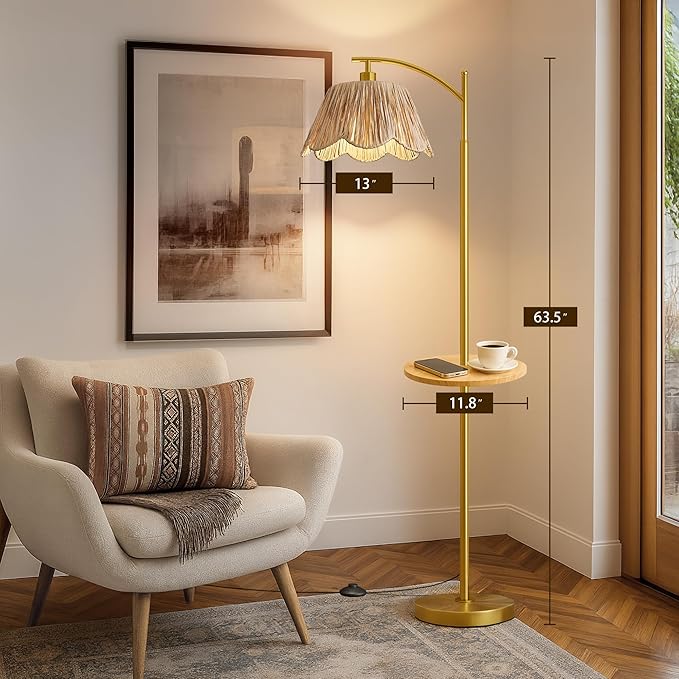 Oneach Floor Lamp with Table for Bedroom, Boho Standing Lamps with Foot Switch, Farmhouse Floor Lamp for Living Room, Arc Rattan Lamps with Gold Metal Base & Pole, Ideal for Home Décor