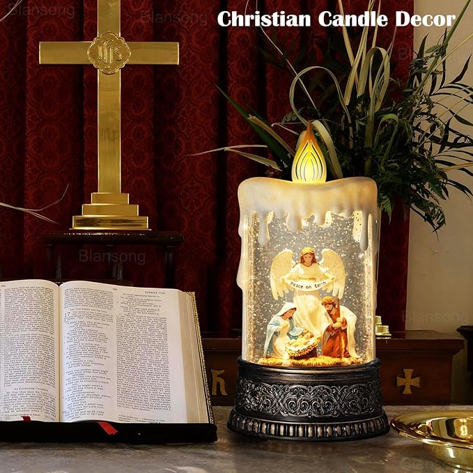 Nativity Snow Globe Candle Christmas Decorations Indoor Auto Snowfall Glitter Music Collection Angel Nativity Scene Peace on Earth with 6H Timer USB/Battery Powered 9.7 inch