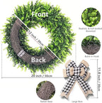 Set of 2, 20‘’ Boxwood Wreath for Front Door, Porch, Window - Foldable Greenery Boxwood Wreaths for Farmhouse Wedding Indoor Outdoor Decor - Spring, Summer, Fall, All Seasons (with Bow)