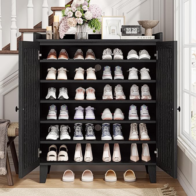 IRONCK Shoe Cabinet with Slatted Doors, 6-Tier Shoe Storage Cabinet with Adjustable Shelves, Wooden Shoe Rack Organizer for Entryway, Hallway, Closet, Living Room, Black